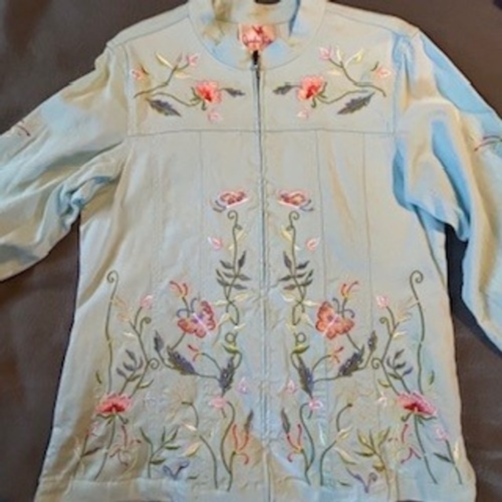 Retro‎ Quaker Factory Embroidered Jacket Floral Butterfly  Aqua Spring Medium - Picture 13 of 13